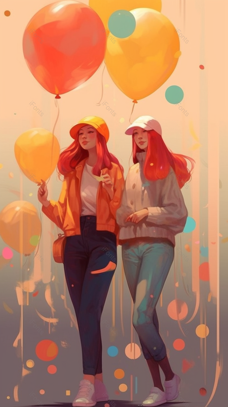 两个女孩手拿气球插画艺术手绘图背景图,插画/手绘图,插画/手绘图库,插画/手绘图下载,插画/手绘